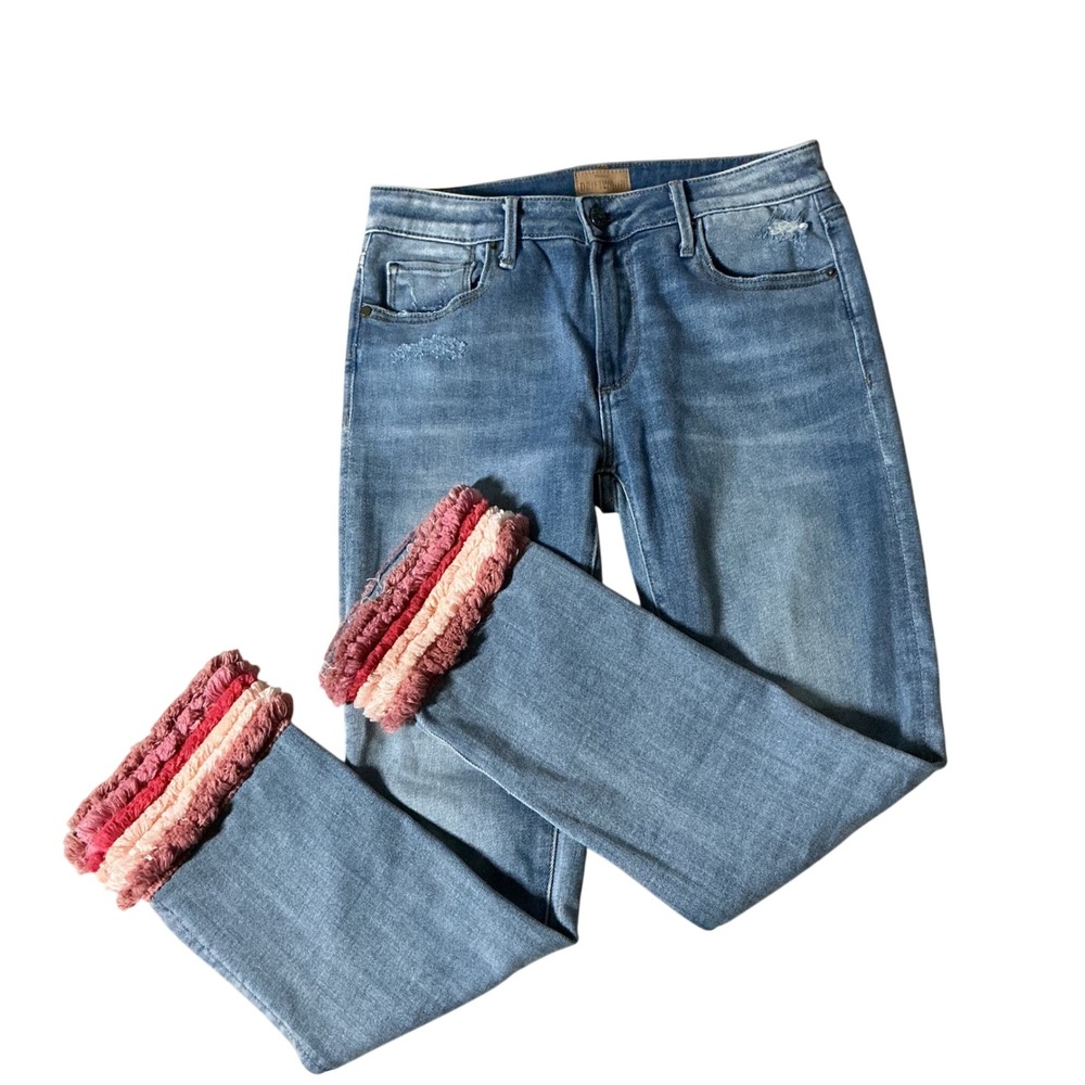 Driftwood Colette Fringe Cuff Jeans Women 25 Blue Pink Boho Distressed Straight